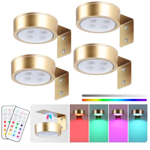 4-Pack Picture Light Battery Operated Painting Lights, 13 Color RGB Magnetic LED Display Art Light with Remote, Dimmable and Timer Portrait Light for Art Frame Artworking, Wall Decor Puck Light, Gold - color: Gold RGB 4 Pack