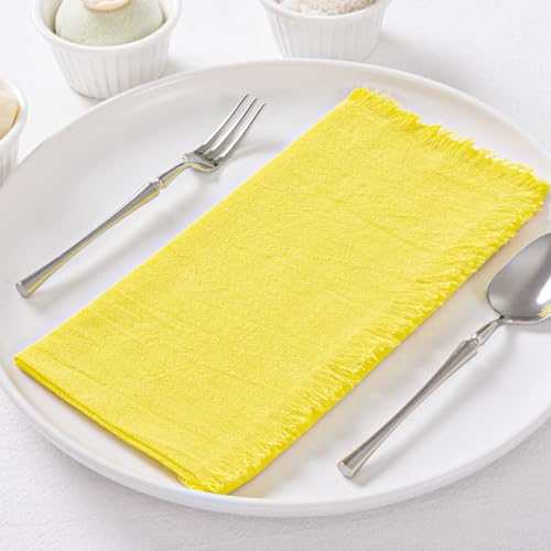 DeZerlor 6 Pack Lemon Yellow Cotton Linen Napkins with Fringe Summer Cloth Napkins Set of 6 Boho Handmade Dinner Napkins Bulk for Wedding Bridal Baby Shower Parties, 17 x 17 Inches - color: Lemon Yellow, size: 17" x 17" (Set of 6)