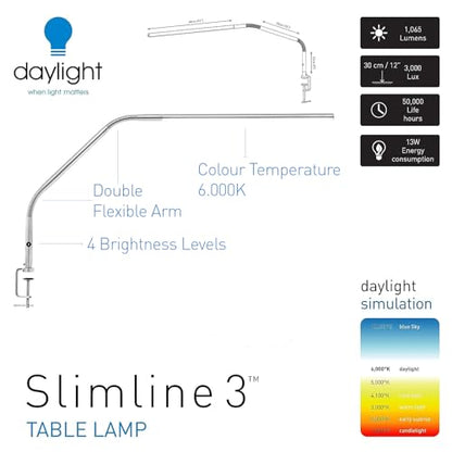 Daylight Company, LLC U35108 Slimline 3 Table Lamp-LED-80 CRI-Eye Care-4 Brightness Levels, 3,000 LUX at 30 cm, 1,065 LUMENS-4 Step DIMMER Mode, Brushed Steel, 25.6 x 30 x .8 - color: White, size: Table Lamp, style: Slimline 3