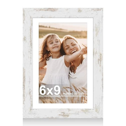 Hongkee 6x9 Picture Frame with Glass, Display Pictures 5x8 with Mat or 6 x 9 without Mat - Wall and Tabletop, 6 by 9 Photo Wooden Frames (Distressed White, 1 Pack) - color: Distressed White, size: 6X9 in