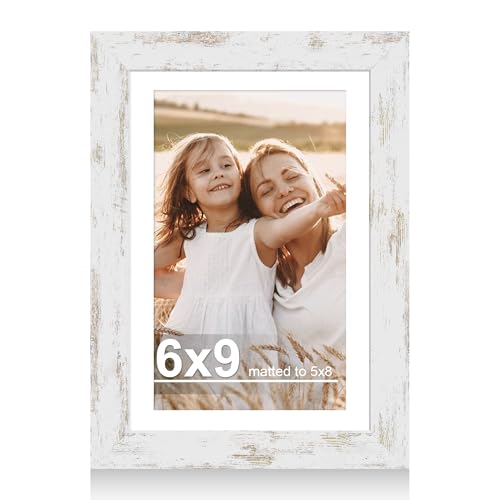 Hongkee 6x9 Picture Frame with Glass, Display Pictures 5x8 with Mat or 6 x 9 without Mat - Wall and Tabletop, 6 by 9 Photo Wooden Frames (Distressed White, 1 Pack) - color: Distressed White, size: 6X9 in