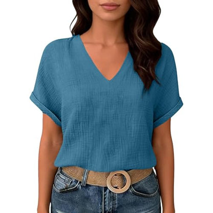 Womens Shirts Cotton Linen v Neck Short Sleeve Blouses Casual Loose Fit Textured Summer Pullovers Daily Wear - color: A04-navy, size: Medium