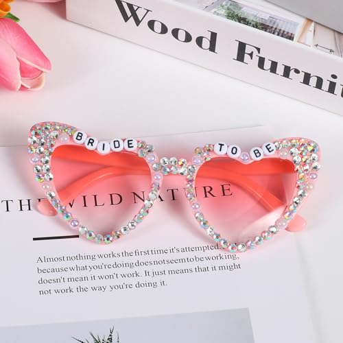 Etercycle Bride Sunglasses, Heart Sunglasses for Bachelorette Party, Fashion Rhinestone Pink Sun Glasses For Bride to Be Gift - color: Pink Diamonds