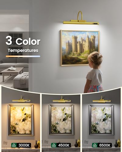 Bridika Picture Light Battery Operated, 13.8in Picture Lights for Wall, 3 Colors & Brightness Dimmable, Rechargeable Art Light for Paintings Photo Dartboard Gallery Bedroom Bathroom Gold - color: Gold, size: 13.8in