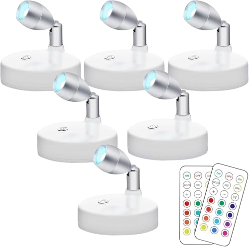 KINDEEP Spotlight Battery Operated, RGB Wireless LED Puck Light, Stick on Mini Accent Light, Dimmer & Timer Uplight with Remote, 4000K Warm White, for Picture Artwork Painting Plants 6 Pack - color: White, size: 6 Pack