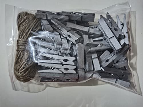1.8 Inch Silver Wooden Clothespins Hold Picture Photo Clothesline Pins Hanging Christmas Cards with Jute Twine Pack 50 - color: 50pcs (2 Inch) Silver + Jute Twine