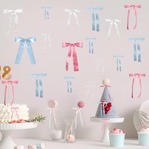 48Pcs Pink Bow Wall Decor, Satin Ribbon Bow Birthday Decorations Photo Backdrop Party Decor for Birthday Baby Shower Bachelorette Wedding Party Room Bedroom - color: Pink Blue