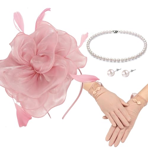 Fascinators Hats with Gloves Set for Women 20s 50s Cocktail Tea Party Wedding Costume Headwear - color: 03-dusty Pink