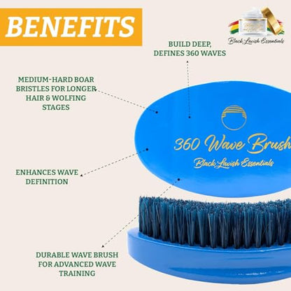 360 Wave Brush, Soft, Build Deeper Waves & Hard Boar Bristle, Curved Design, Black Lavish Essentials Signature (Medium-Hard Brush, Sky Blue) - color: Sky Blue, size: Medium-Hard