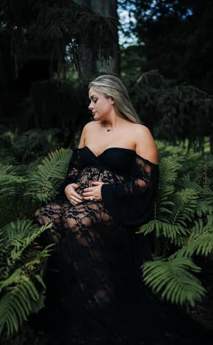Saslax Soft Stretchy Lace Off Shoulder Doubly Split A-line Skirt Maternity Dress Pregnancy Maxi Gown for Photoshoot - color: Black, size: Small
