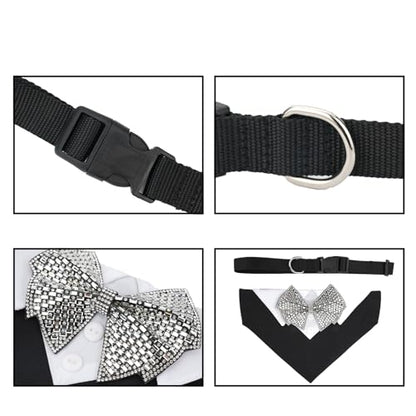 Dog Bandana Collar for Leashes Rhinestone Bow Tie Formal Tuxedo Pet Scarf Adjustable Neckwear with D Ring and Quick Release Buckle for Medium Dogs Wedding Holiday Party (Medium) - size: Medium