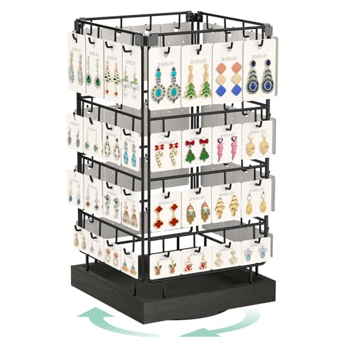 EsLuker.ly Rotating Earring Display Holder Stand for Vendors Events Selling, Large Capacity 64 Hooks Jewelry Rack with Wooden Base for Earring Card Sales, Enhances Retail Visibility - color: Black+Black