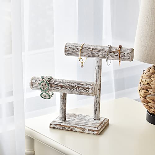 Ikee Design 2 Tier Wooden Jewelry Bracelet Watch Display Tower, Bangle Scrunchie Necklace Holder Storage Stand, 7.9 W x 4.3 D x 9.4 H in, Antique White Color - color: Antique White