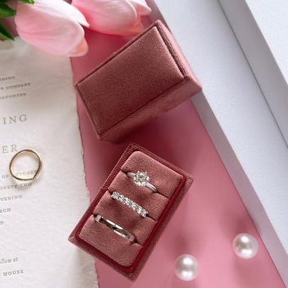 Rectangle 3 Slots Italian Velvet Jewelry Box Engagement Wedding Photo Ring Box Keepsake Box Triple Ring Gift Box (Dusty Rose) - color: Dusty Rose