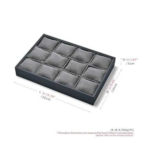 Grey Microfiber Watch Jewelry Storage Tray for Drawer Watch Pillow Organizer Display Tray - size: 12 Grid with Pillow