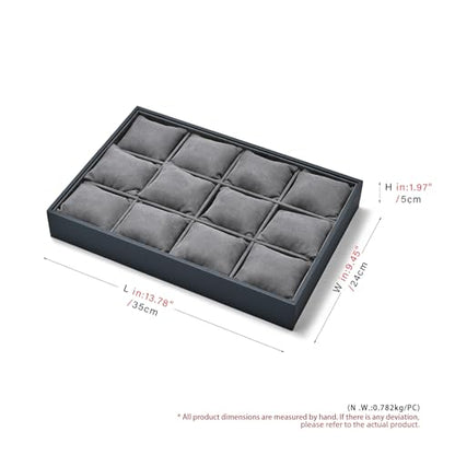 Grey Microfiber Watch Jewelry Storage Tray for Drawer Watch Pillow Organizer Display Tray - size: 12 Grid with Pillow