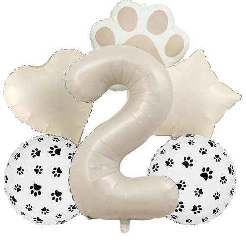 2nd Birthday Dog Paw Balloons Set,18'' Paw Prints, Heart,Star,Paw Shaped Foil Balloon 40''Cream Number 2 Helium balloons for Puppy Themed Baby Shower Second Birthday Party Decorations Supplies 6PCS - color: Cream-2