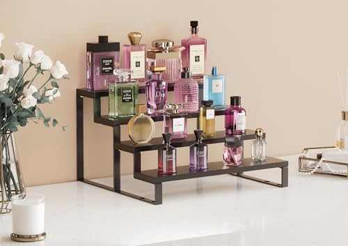 Wood Cologne Organizer for Men,12 Inch 4 Tier Cologne Stand Waterproof Perfume Organizer for Dresser with Anti-Slip Washers,Wooden Display Risers Stand for Party,Makeup,Figures,Cupcake,Perfume,Dessert