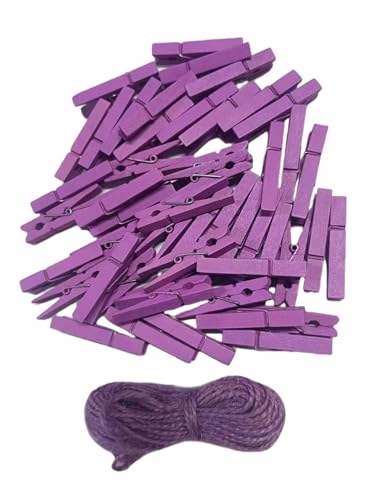 1.9" Small Wooden Clothes Pins Baby Shower Light Purple Mini Clips Photo Holder Hanging Crafts Clothespin Pack 50 with Clothesline - color: 50pcs (2 Inch) Light Purple + Jute Twine