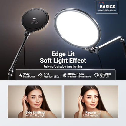 NEEWER Basics 10.5" Streaming Key Lighting, 3000-6500K 15W Full Screen LED Panel Ring Light with Adjustable Arm Stand Desk Clamp Timer for Laptop Computer Video Conference Zoom Makeup, R10