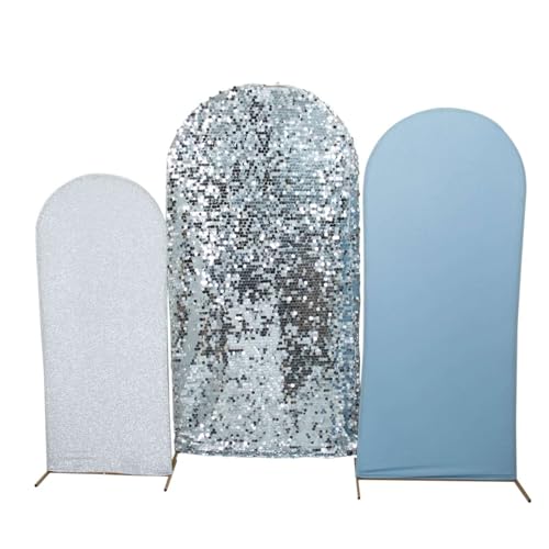 Efavormart Set of 3 Dusty Blue Silver Chiara Arch Backdrop Covers (7ft/6ft/5ft), Round Top Snug Fit, Double-Sided Big Sequin, Tinsel & Spandex Mixed Texture for Birthday, Party, Events - color: Dusty Blue