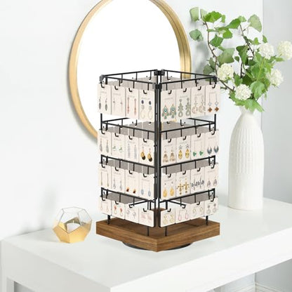 EsLuker.ly Rotating Earring Display Holder Stand for Vendors Events Selling, Large Capacity 64 Hooks Jewelry Rack with Wooden Base for Earring Card Sales, Enhances Retail Display Visibility - color: Brown+Black