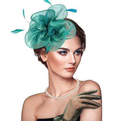 Fascinators Hats with Gloves Set for Women 20s 50s Cocktail Tea Party Wedding Costume Headwear - color: 03-teal