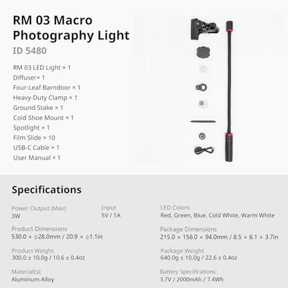 SmallRig RM 03 Macro Photography LED Light, Adjustable Beam Angle, 5 Colors CRI95 TLCI92, Bendy Light for Camera with Cold Shoe Adapter, Clamp, Diffuser, Spotlight, Barndoor, Gobos, IP54 Rating - 5480 - color: RGB