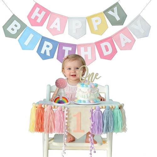 Pastel Rainbow 1st Birthday High Chair Decorations- Boho Macaron Felt Happy Birthday Banner First Birthday Highchair Banner With One Cake Topper & Party Hat, 1st Birthday Party Decorations - color: Rainbow