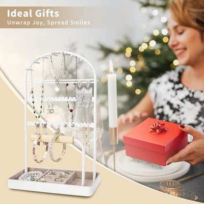 Saydear Multi-Functional Jewelry Holder Organizer Necklace Display Stand Velvet Lined Bar for Rings 2 Tier with 18 Hooks, 32 Earring Holes - Sturdy and Durable, Easy Organization White - color: White V1.0