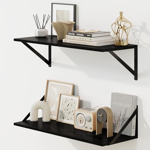Fun Memories Deep Floating Shelves for Wall, 24W x 8D Wall Mounted Shelves Set of 2, Wide Display Ledge Shelf with Sturdy Metal Brackets for Living Room, Bathroom, Bedroom and Kitchen, Black - color: A-black, size: 24"W x 8"D