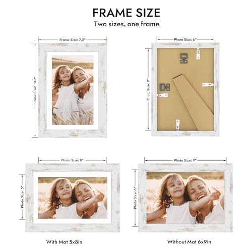 Hongkee 6x9 Picture Frame with Glass, Display Pictures 5x8 with Mat or 6 x 9 without Mat - Wall and Tabletop, 6 by 9 Photo Wooden Frames (Distressed White, 1 Pack) - color: Distressed White, size: 6X9 in