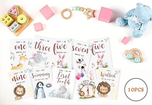 Baby Milestone Cards, 10pcs Double Sided Newborn Photo Prop, First Words, Haircut & More, First Year Monthly Milestone Cards, Jungle Safari Pregnancy Announcement Ideas Decor Supplies(04) - style: Jungle Safari