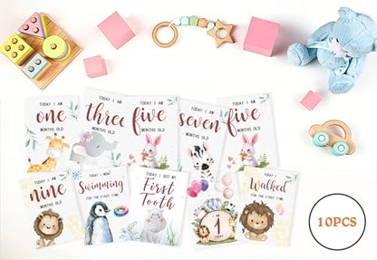 Baby Milestone Cards, 10pcs Double Sided Newborn Photo Prop, First Words, Haircut & More, First Year Monthly Milestone Cards, Jungle Safari Pregnancy Announcement Ideas Decor Supplies(04) - style: Jungle Safari