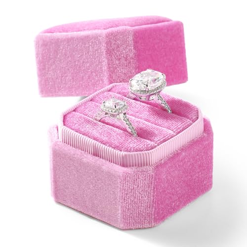 3 Slots Ring Box Velvet Ring Gift Box Wedding Day For Proposal, Engagement, Wedding, Mother's Day, Valentine's Day (Pink) - color: Pink
