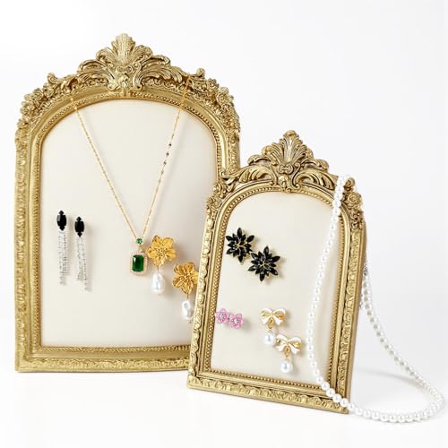 2 Set Gold Jewelry Display Stand Vintage Necklace Organizer Ring Holder Earring Tray Jewelry Photography Props Frame with Velvet Backing for Gifts, Elegant Décor for Jewelrys and Collectibles