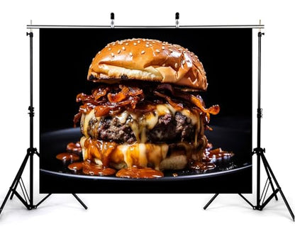 8x6ft Black Plate Burger Backdrop Melted Cheese Photography Background for Restaurant Menu and Food Shoot Decorations Tapestry Photo Booth Props - size: 8x6ft