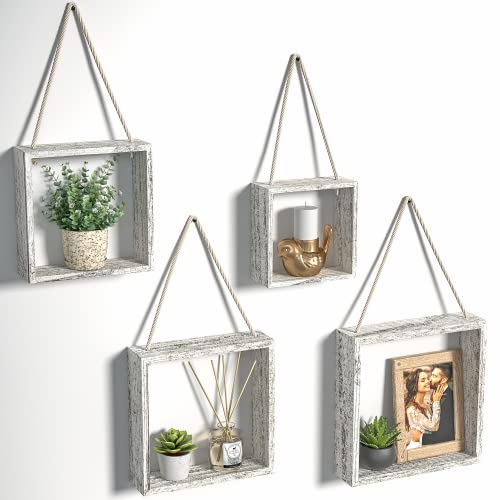 J JACKCUBE DESIGN Floating Hanging Square Shelves Wall Mounted Rustic Wood Cube Display Shelf Shadow Boxes Decorative Boho Home Décor for Living Room, Bedroom, Office, Set of 4 (White) - MK571C - color: White