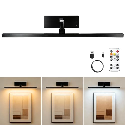 Cordless Picture Light Painting Light with Rechargeable & AA Battery, Full Metal Wall Light over Picture Portrait Poster, Brightness Dimmable,3 Lighting Colors, Timer Auto-off for Hallway Gallery - color: Black
