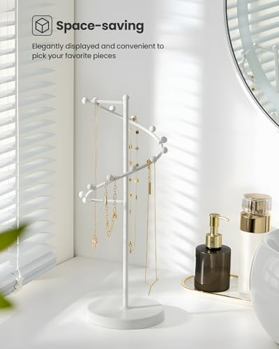 Lolalet Necklace Stand with 11 Hooks, Helix-shaped Jewelry Organizer Metal Rack Long Necklaces Hanging Display Holder Round Base Antique Jewelry Bracelets for Girls Women Wife -White - color: White