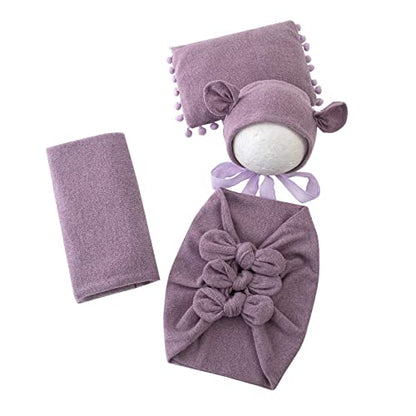 Newborn Baby Boy Girl Photography Props Bow Wrap, Posing Aid, Hat and Blanket Set of 4 Pcs - color: Dark Purple