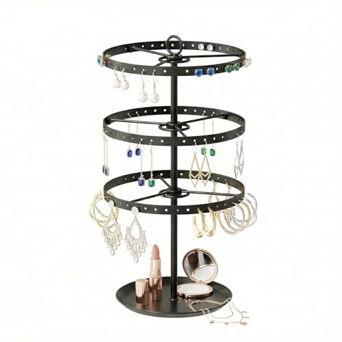 Rotating Earring Holder Organizer,Large and Small Stud Earring Display Tree Stand for Girls Womenm,3 Tiers Hanging Pierced Earring Rack for Selling,Jewelry Storage Stand for Vendors (Black) - color: Black