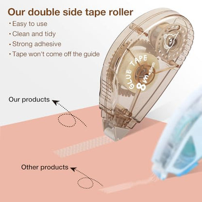 Double Sided Tape Roller 8 Pack - Scrapbook Tape Runner for Crafts, Scrapbooking, Journaling, Acid-Free & Photo-Safe Adhesive for Paper, Gift Wrap, School Projects, Mothers Day Gifts (0.3 in x 26 ft)