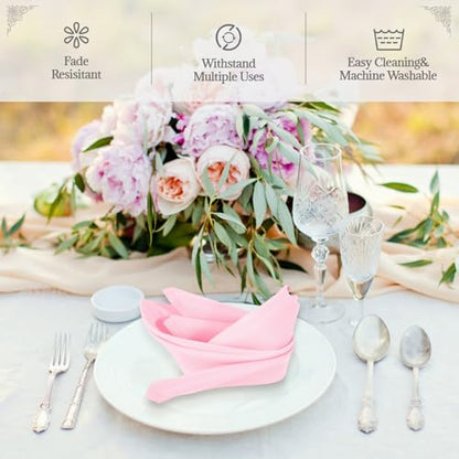 PLOYMONO Pink Heavy Duty Cloth Napkins - 17 x 17 Inch Solid Washable Polyester Dinner Napkins - Set of 8 Napkins with Hemmed Edges - Great for Weddings, Parties, Spring, Mother's Day - color: Pink