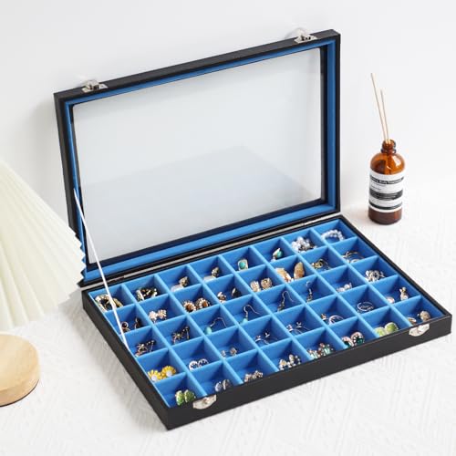 Stratalife Jewelry Organizer 40 Grid Blue Black Jewelry Tray with Clear Dust-proof Lid Velvet Earring Organizer Necklace Rings Holder Display Drawer Storage Case for Women - color: Blue-Black, size: 40 Grid