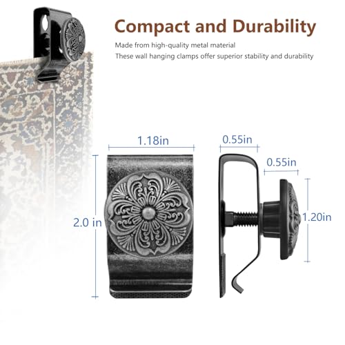 Tapestry Wall Hanging Clamps 4 Pack 1.2x2.0 Textile Art Decoration Hangers Metal Clips for Hanging Rugs Carpet Display (Silver) - color: Silver