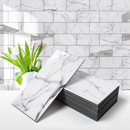 Vamos Tile 100-Piece Glossy Statury White Peel and Stick Backsplash Tile,3''x6'' PVC Subway Tile with Dark Gray Grout, Stick on Backsplash for Kitchen/Bathroom/Fireplace - color: Statury White with Dark Gray Grout
