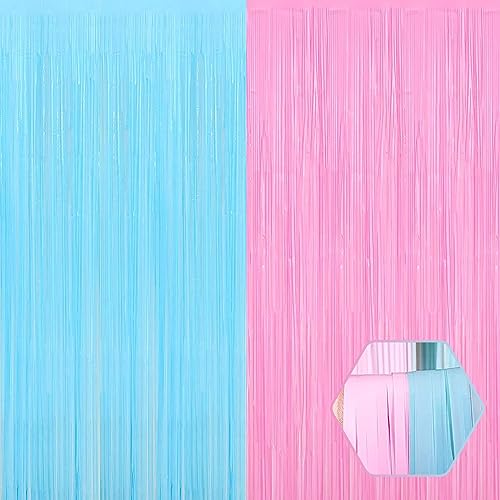 6 Pack Macaron Pink Blue Foil Fringe Curtain Backdrop, 3.28Ft x 6.6Ft Metallic Tinsel Foil Fringe Streamer Curtains for Photo Booth, Christmas Day, Thanksgiving, Wedding, New Year Party Decorations - color: Macaron Pink Blue