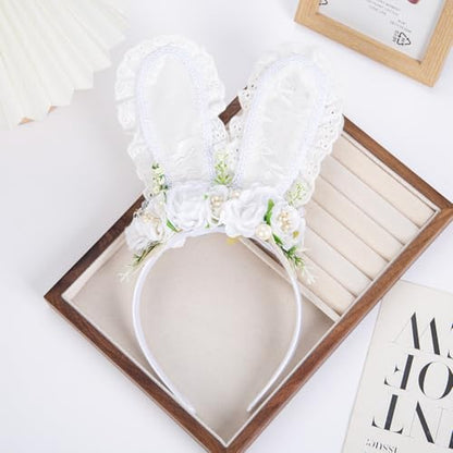 Easter Flower Bunny Ears Headband for Women Girls Easter Hairband Flower Rabbit Ears headband - color: White