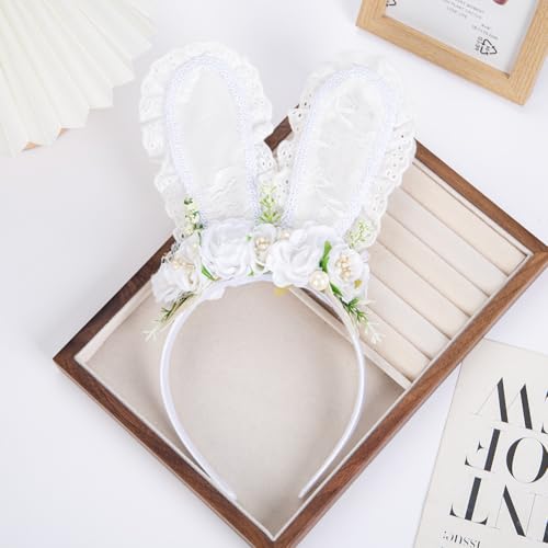 Easter Flower Bunny Ears Headband for Women Girls Easter Hairband Flower Rabbit Ears headband - color: White